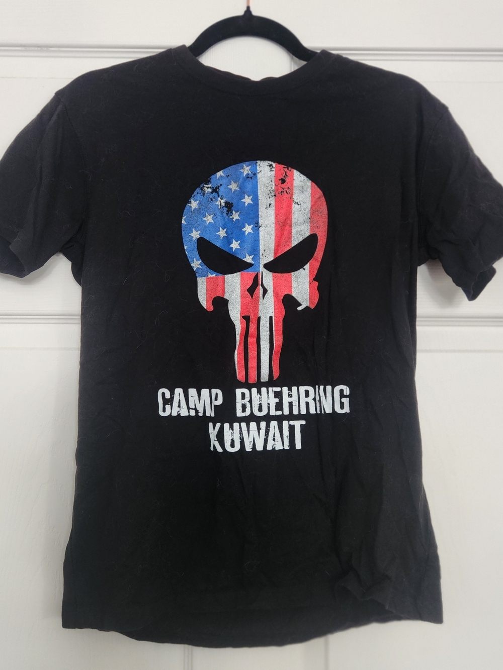 Black Camp Buehring Kuwait Graphic Tee with American Flag Skull